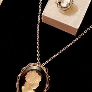 Black Cameo Brooch/Pendant with Black Cameo Wire Wrapped ring